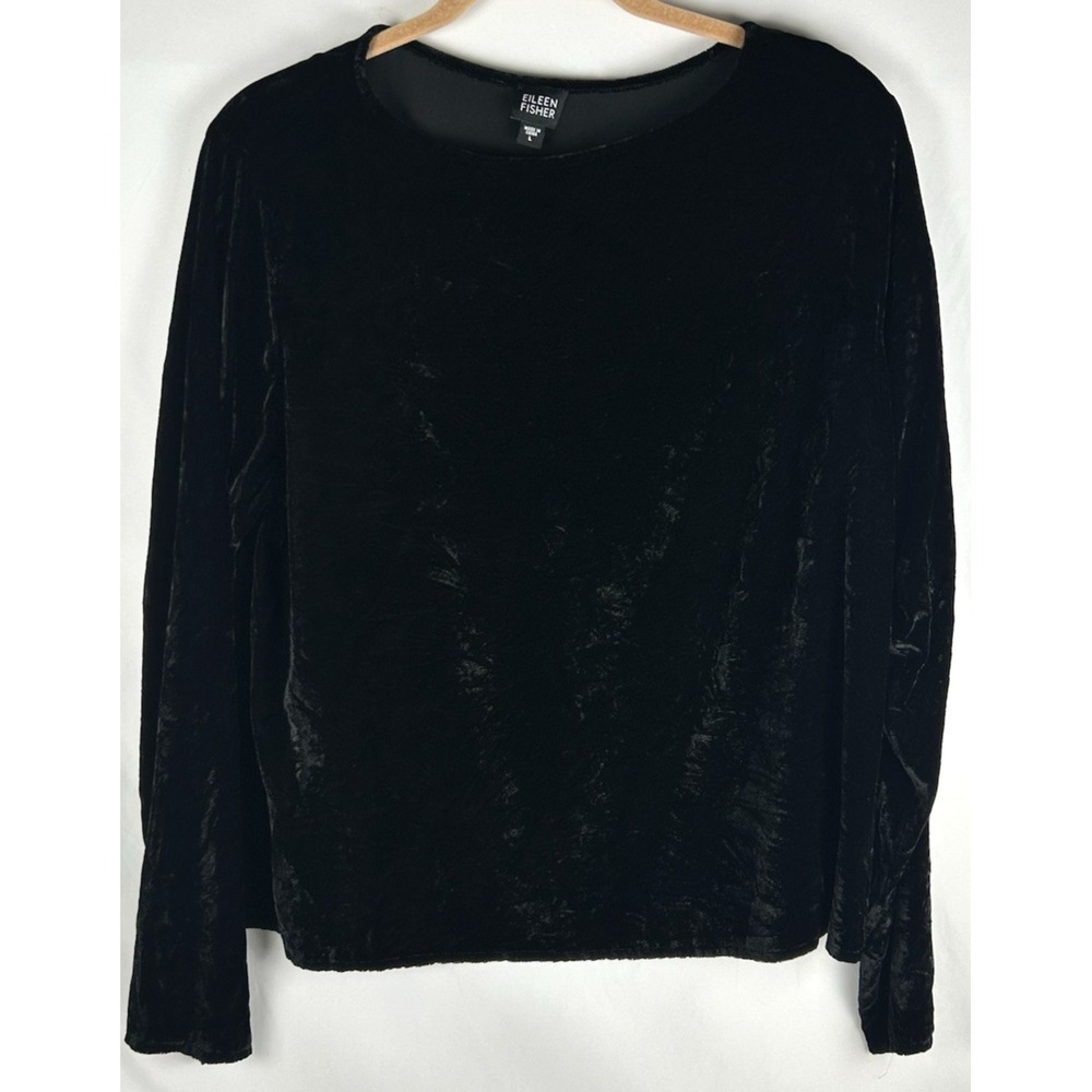 Eileen Fisher Black Velvet Silk Long Sleeve Blouse Top Sz L Scoop Neck Holiday